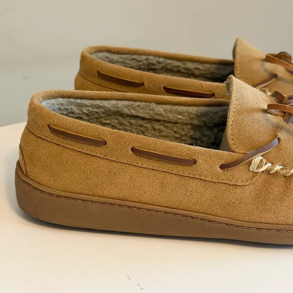 Minnetonka Moccasin Slippers Men 11 Tan Suede Faux Fur Lined Cozy Indoor Outdoor